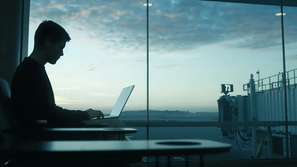 A person working on a laptop beside an airport window at sunrise