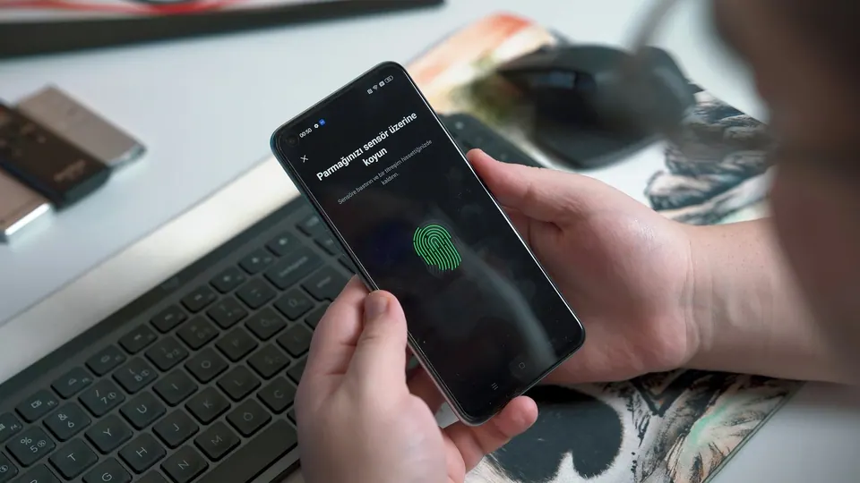 A hand holding an Android phone during fingerprint enrollment