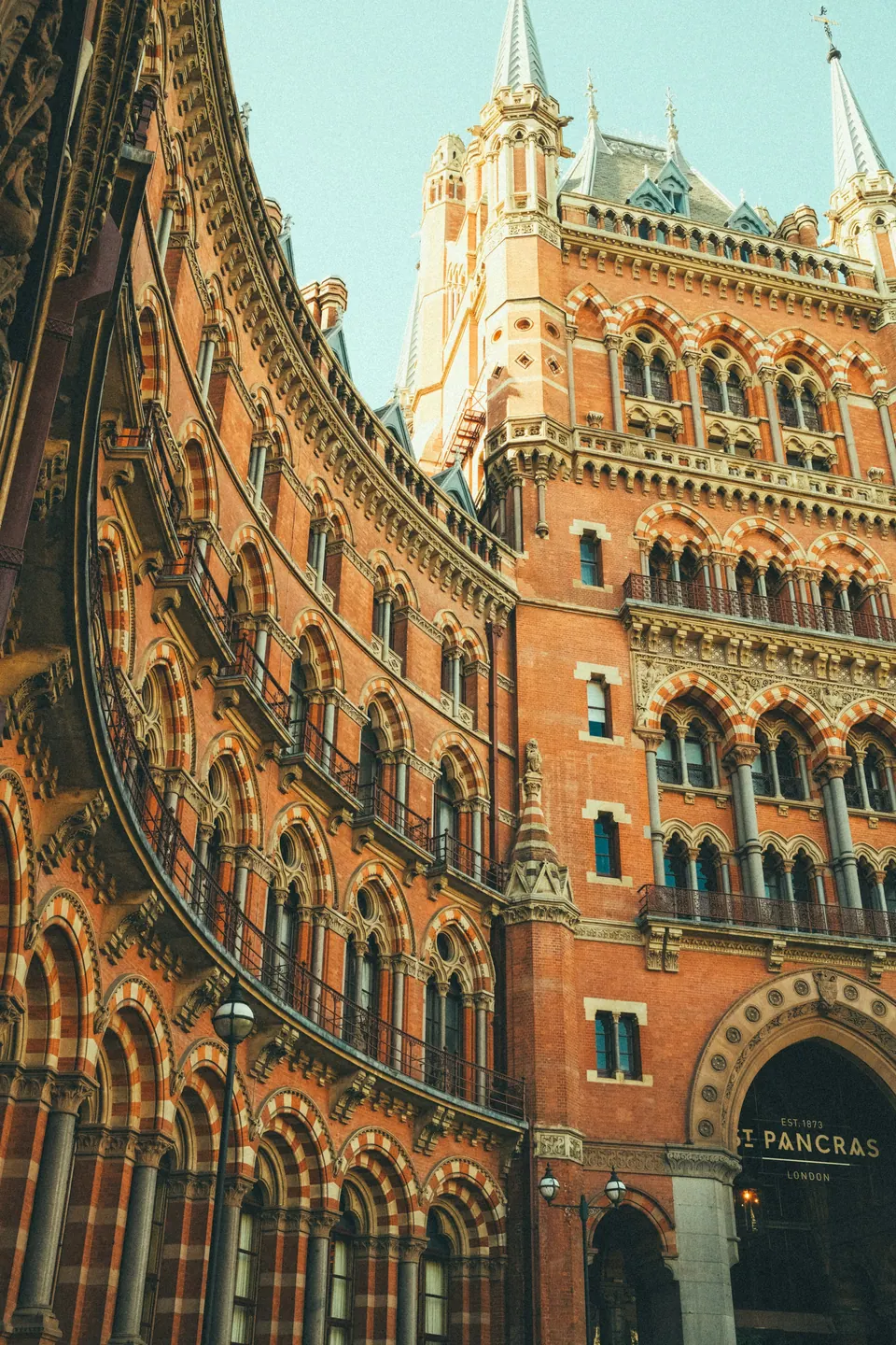 Red-brick arches and towers at St Pancras station in London